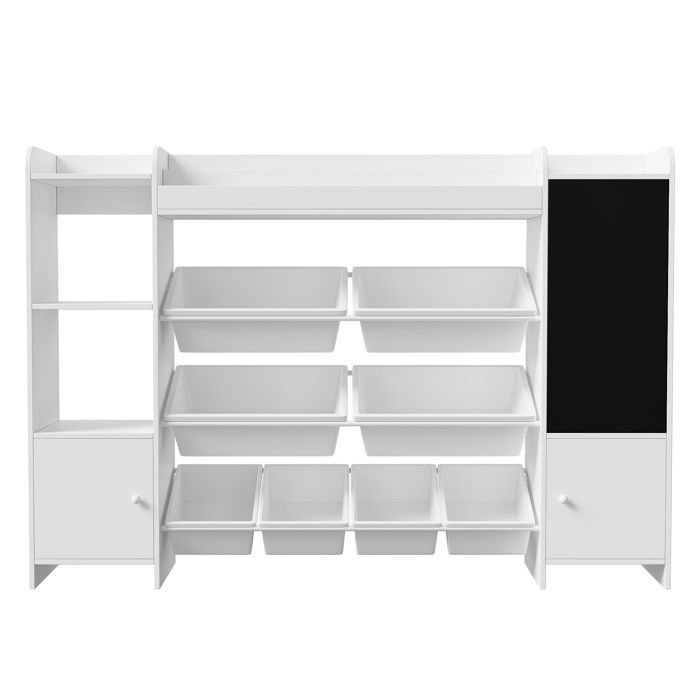 Bibliothèque à 6 Niveaux - Meuble de rangement - 137x30x94.5 cm - Avec tableau noir et portes - pour Salon, Bureau, Chambre - Blanc