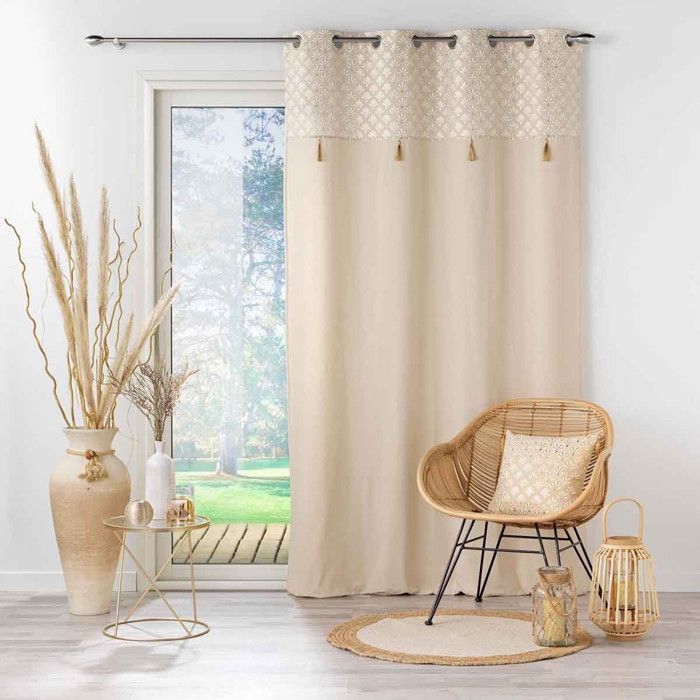 Rideau tamisant en coton 140 x 240 cm + pompons Rafina Or