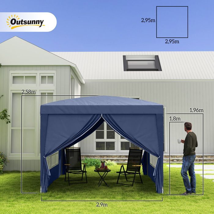 Garden gazebo - Outsunny - pop-up folding party tent with 4 removable walls - steel - 3x3m - blue