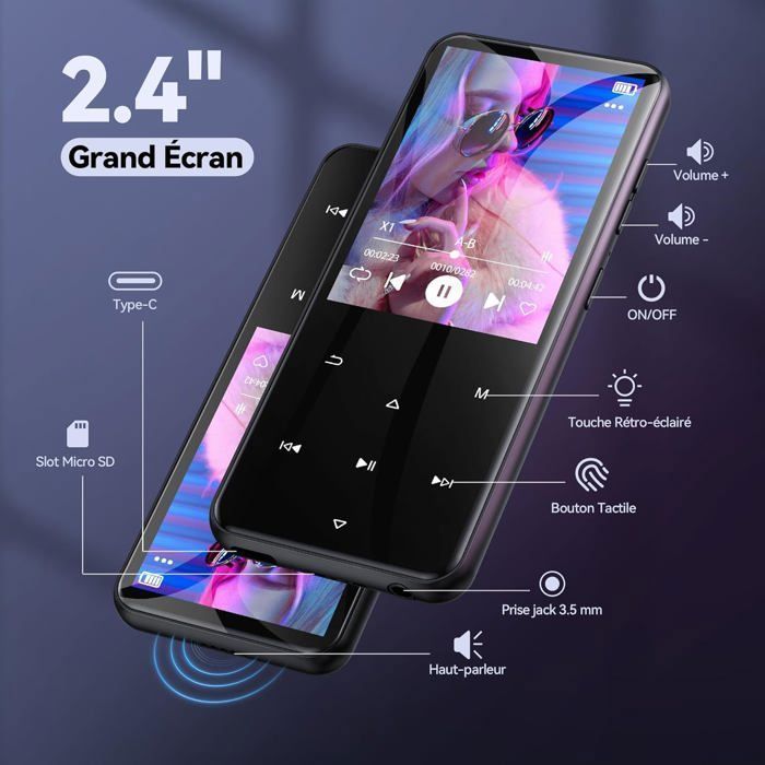 AGPTEK 64GB MP3-speler met Bluetooth 5.3, groot 2,4 inch scherm, HiFi-muziekspeler met aanraaktoetsen/FM-radio/recorder, zwart