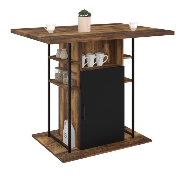 Isla central IDMARKET UGO de 110 cm en madera negra y efecto madera oscura de HAWKINS con almacenamiento de diseño industrial.