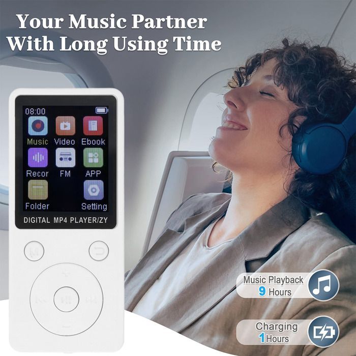 Lettore MP3/MP4 OMABETA con Bluetooth 5.0, schermo a colori da 1,8 pollici, scheda di memoria integrata da 16 GB, bianco