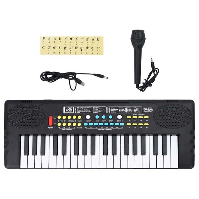Teclado de piano eléctrico de 37 teclas y micrófono infantil.