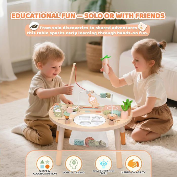 Mesa de actividades Montessori de madera - ZUUKO - 9 en 1 - 39,88 x 29,97 x 34,8 cm - Sensorial - Laberinto de cuentas