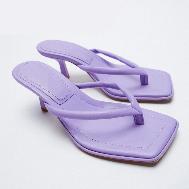 2021 nuove scarpe da donna Infradito viola con punta quadrata e cinturini sottili con tacco alto Sandali in pelle di pecora da donna