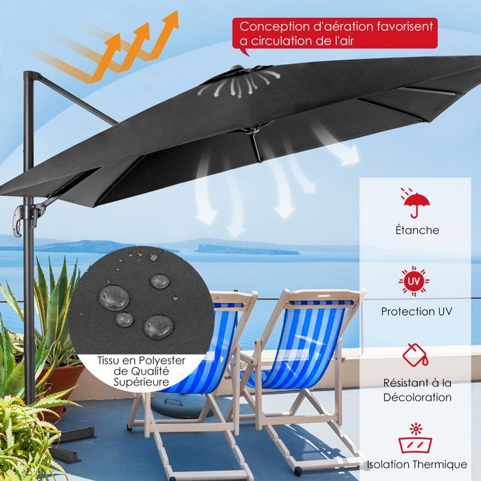 COSTWAY Opvouwbare cantilever parasol Ø3M met kruisvoet - 360° draaibaar, 3 kantelposities - Ventilatieopening voor tuin en terras, zwart