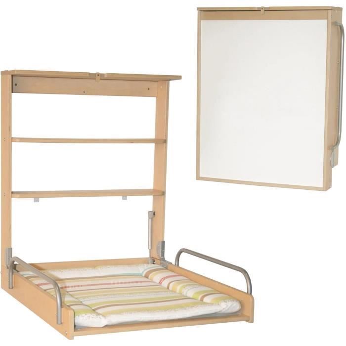 Cambiador plegable de pared ROBA DSCHUNGELBABY - Colchón a rayas multicolor incluido - 2 estantes integrados - Madera natural