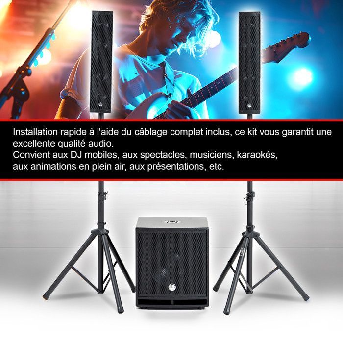 Système Sonorisation Complet 2400W DJ BM SONIC, 4 Enceintes satellites, 2x Méga SUB 38cm USB/Bluetooth, Supports Câbles, Micros