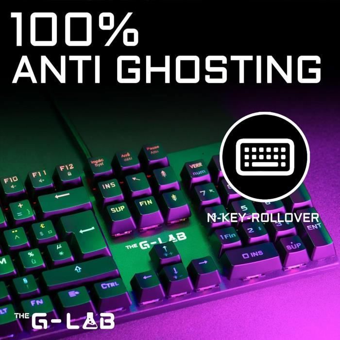 Teclado Gamer - The G-Lab - KEYZ CARBON E - Mecânico (Switch Azul) - Arco-íris - Perfil Baixo - Apoio para os Pulsos - Com Fio - Preto