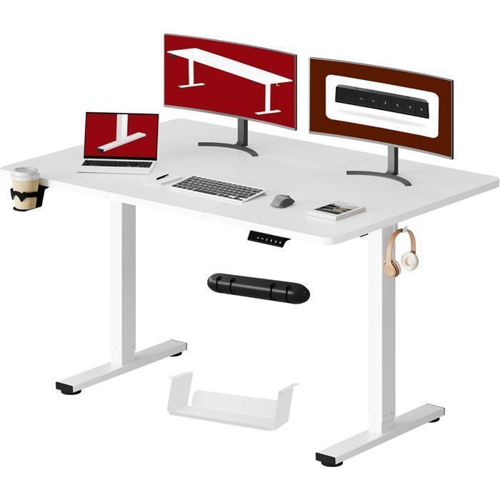 SANODESK 140x60cm Bureau Assis Debout Électrique, avec Système Anti-Collision et Fonctions Mémoires, Crochet/Porte-gobelet, Blanc