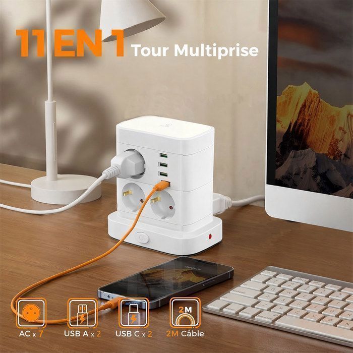 Regleta de alimentación de 2500 W tipo torre, protector contra sobretensiones, 2 puertos USB-C, 2 puertos USB-A, con interruptor.