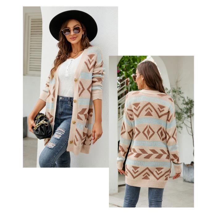 Pull Femme Géométrique Longue Relaxed Fit Manches Longues Veste Femme - Abricot - INSFITY - Col V - Femme