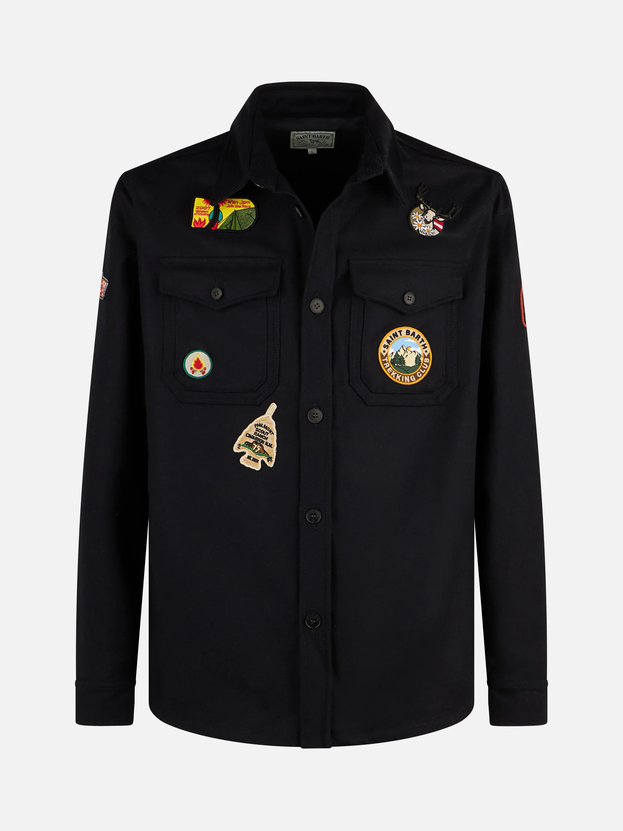 Herenhemd van blauwe wol met zakken en patches