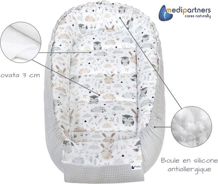 Medi Partners Reducteur de lit Bébé Cocon 100x60x15cm 100% Coton Nid de Bébés (Clairière et Grise)