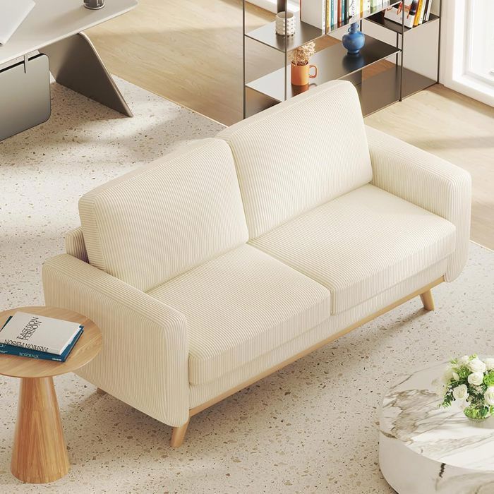 Grand Canapé 2 Places en Velours Côtelé Beige,Canapé Scandinave pour Salon Chambre Bureau，Pieds Bois Massif，172x76x88cm