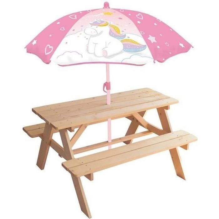 Mesa de picnic de pino con forma de unicornio y sombrilla - FUN HOUSE - 53 x 95 x 75 cm (alto x ancho x profundidad) - Para niños