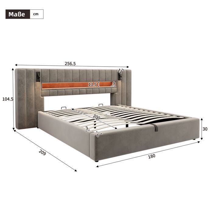 Cama con almacenamiento tapizada EVRYAE de 180x200 cm en terciopelo gris, diseño elegante y funcional.