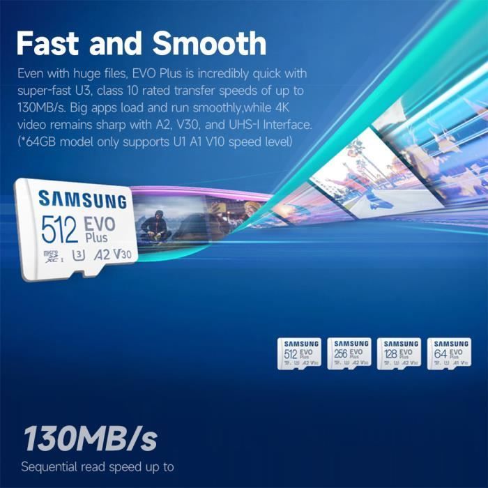 SAMSUNG EVO Plus Carte TF 64 Go U1 A1 V10 Carte Micro SD haute vitesse jusqu'à 130 Mo - s Vitesse de lecture pour la surveilla-I