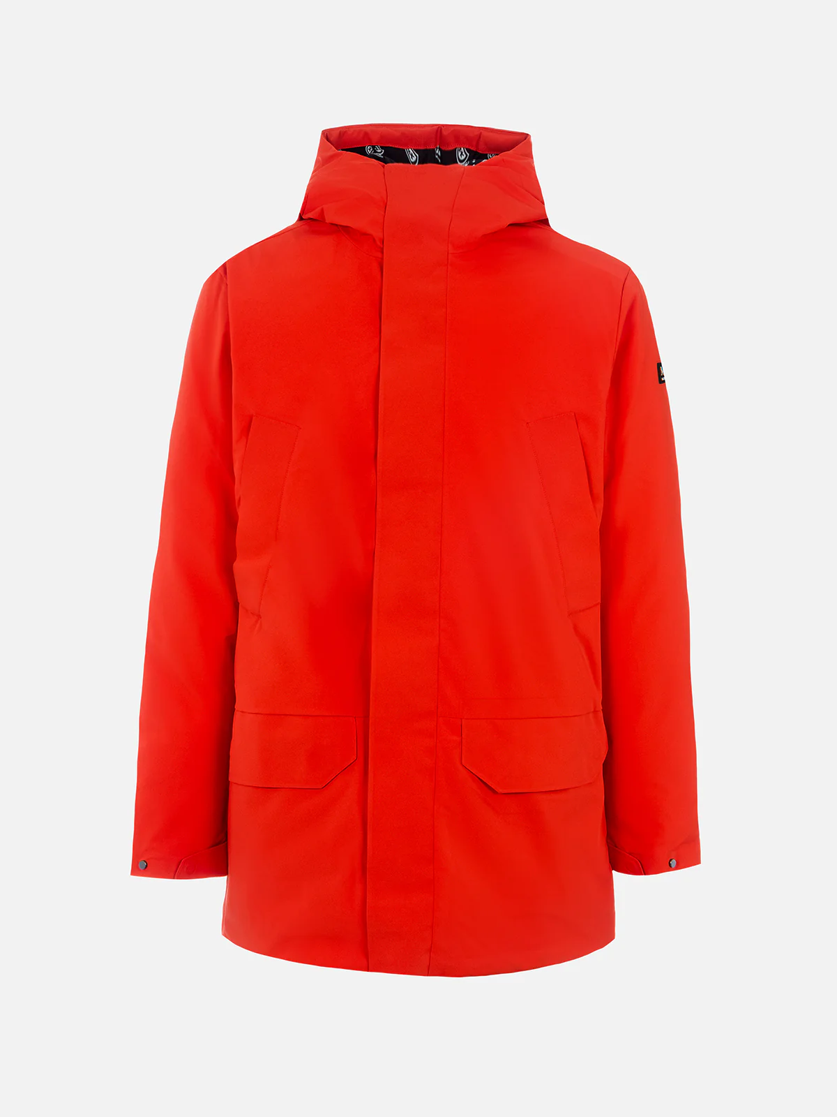 Parka naranja con capucha para hombre y forro de bandana.