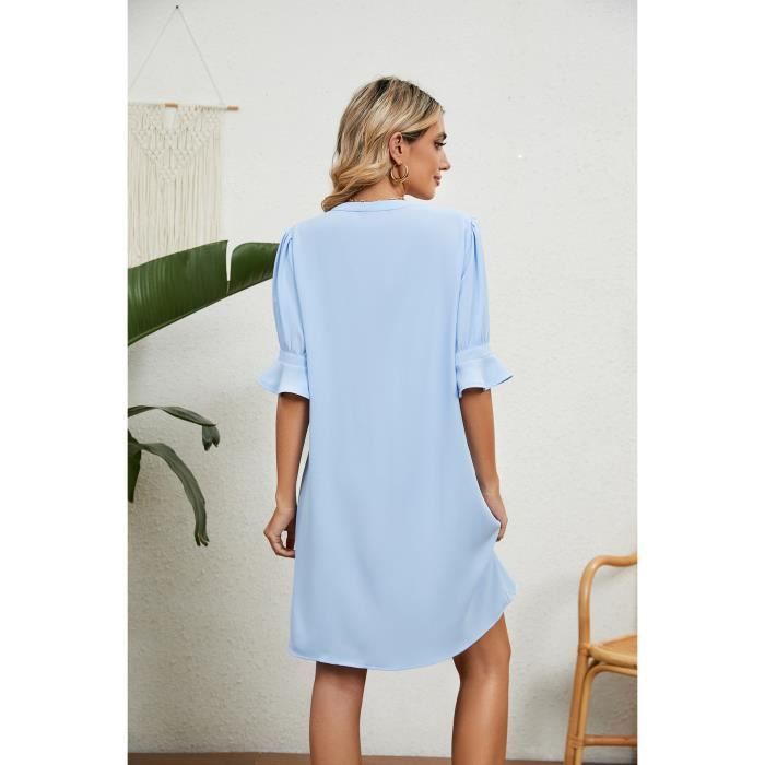 Robe Femme Col V Manches courtes Casual Couleur unie - Bleu