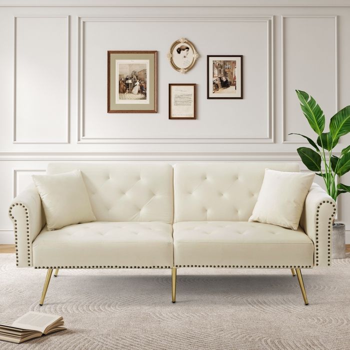 Canapé convertible - RAVAS - Banquette 2 places - Velours blanc - Dossier réglable - Espace de rangement