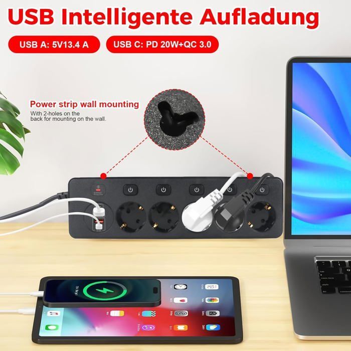 Steckdosenleiste, Überspannungsschutz, 5 Steckdosen + 4 USB-Anschlüsse, Überspannungsschutz und Blitzableiter