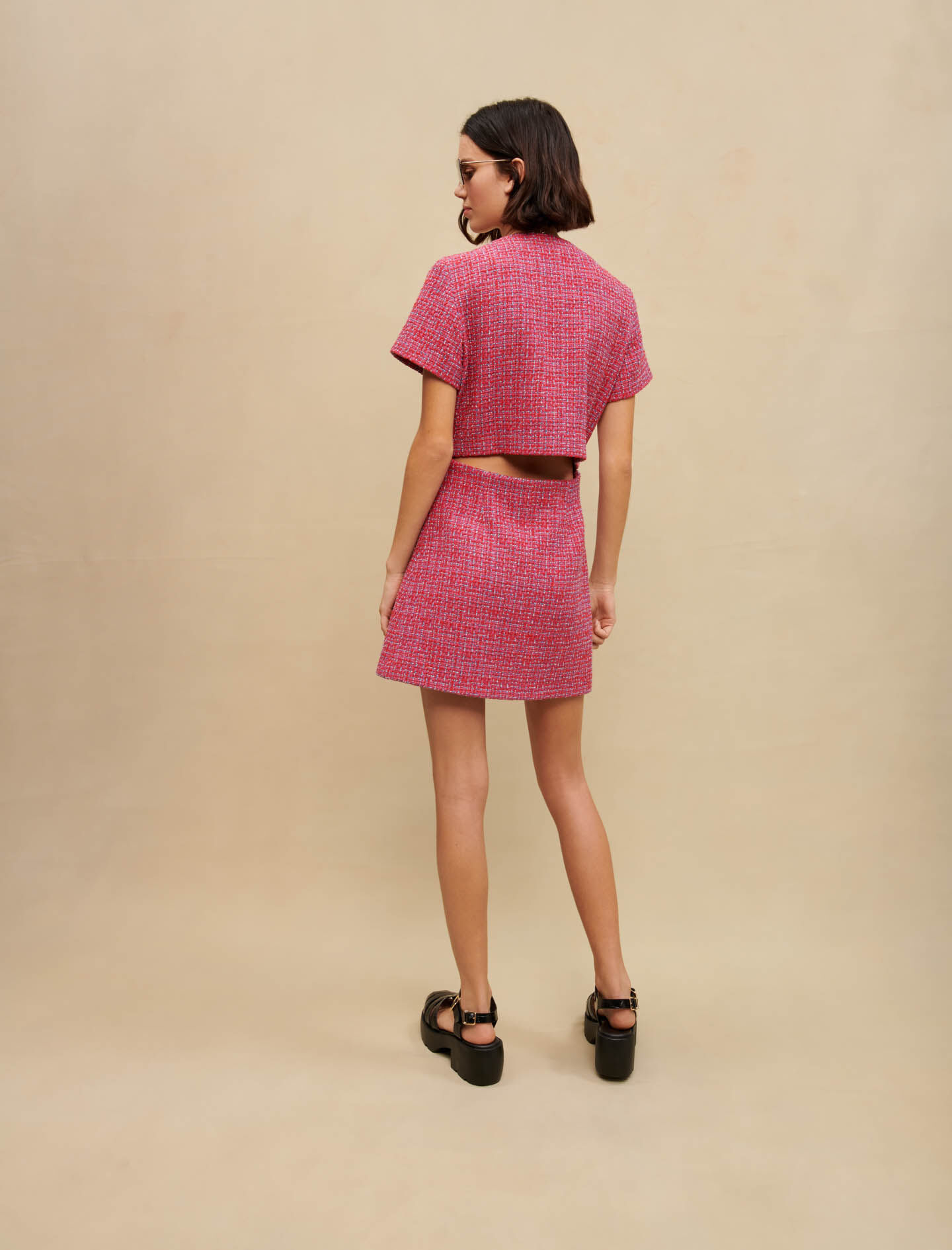 Korte tweedjurk - fuchsia