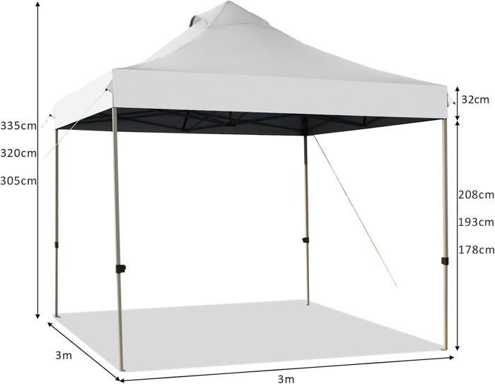 Cenador plegable para fiestas GOPLUS de 3x3 m, cenador de jardín desplegable, patas ajustables de 305/320/335 cm, con bolsa con ruedas, color blanco.