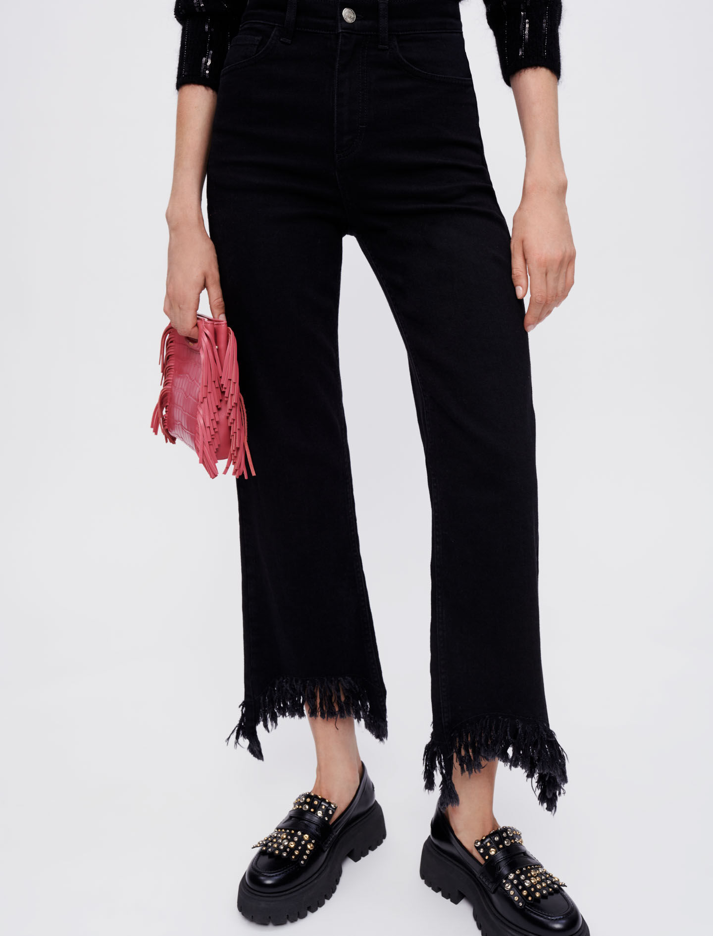 Zwarte jeans met hoge taille en gerafelde randen - Zwart