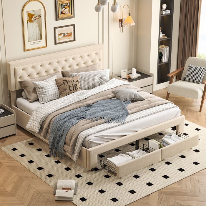 Cama con almacenamiento de 160 x 200 cm, cama de 160 x 200 con somier de láminas, cama doble, con 2 cajones, estructura de cama, con cabecero, color beige, terciopelo.