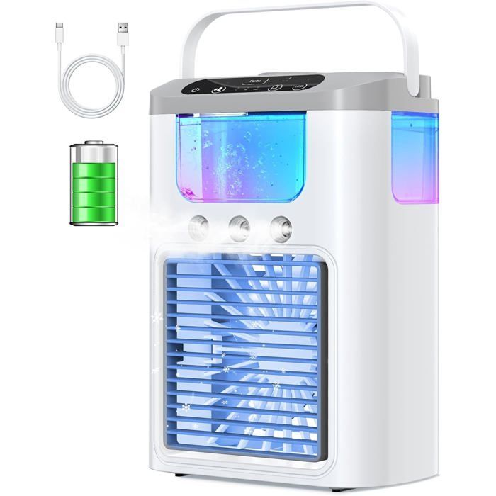 Aire acondicionado portátil multifuncional con batería recargable, 3 velocidades, 3 modos de vaporización y funcionamiento silencioso.