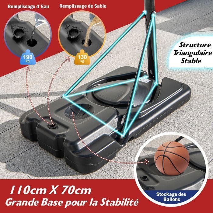 Aro de baloncesto independiente para adultos COSTWAY - 12 niveles, alturas de 2,32 a 3,05 m - Tablero irrompible de 110 cm - Almacenamiento de balones