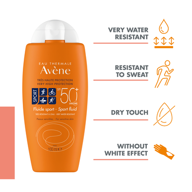 Avène Sun Care Sport Fluid -vedenpitävä SPF50-aurinkosuojavoide kasvoille ja vartalolle, urheilulle, 100 ml