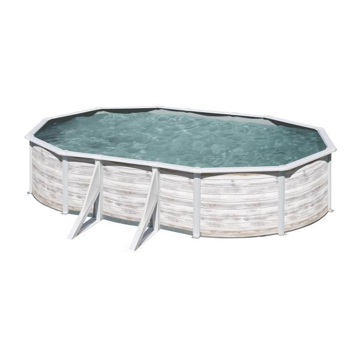 GRE - Piscina ovalada de acero de 5,27 m x 3,27 m x 1,22 m de altura - Efecto madera nórdica, filtración de arena, refuerzos visibles