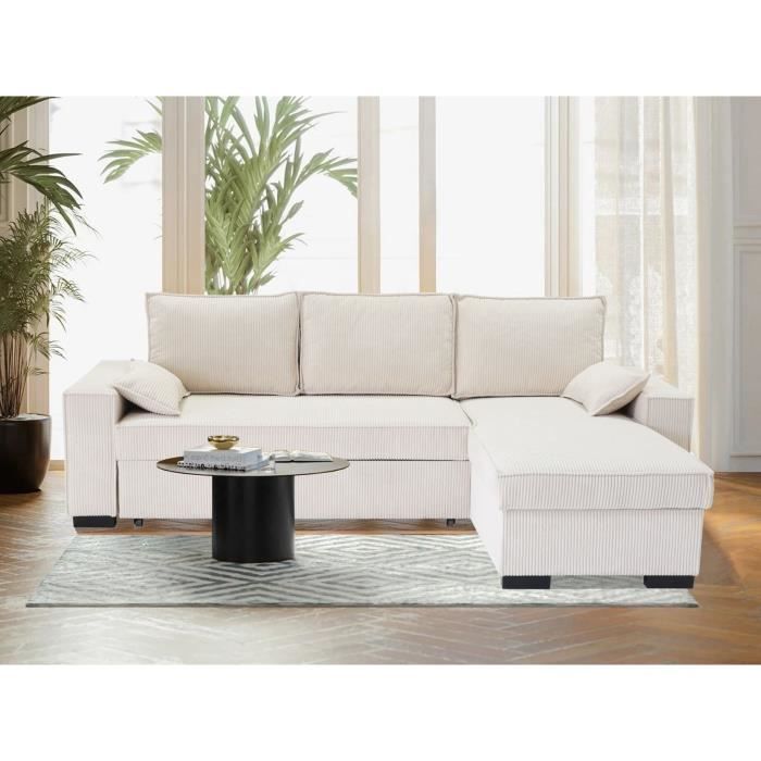 Sofá-cama de canto reversível MARLON em bege - Chaise longue com arrumação - Veludo Cotelê L 240 x P 143 x A 85 cm