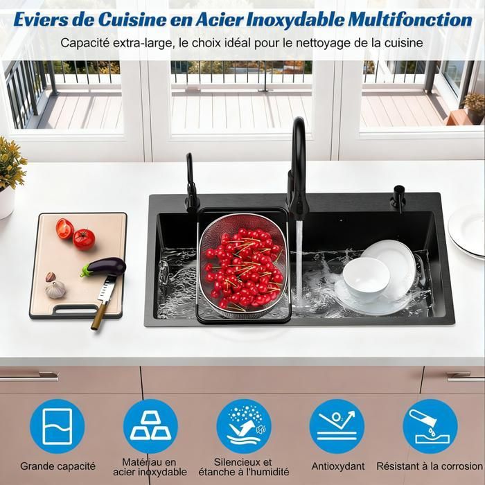 Fregadero de cocina de acero inoxidable de 80x45 cm – FIANAO – un solo seno – revestimiento nano – drenaje rápido X – grifo extraíble + accesorios