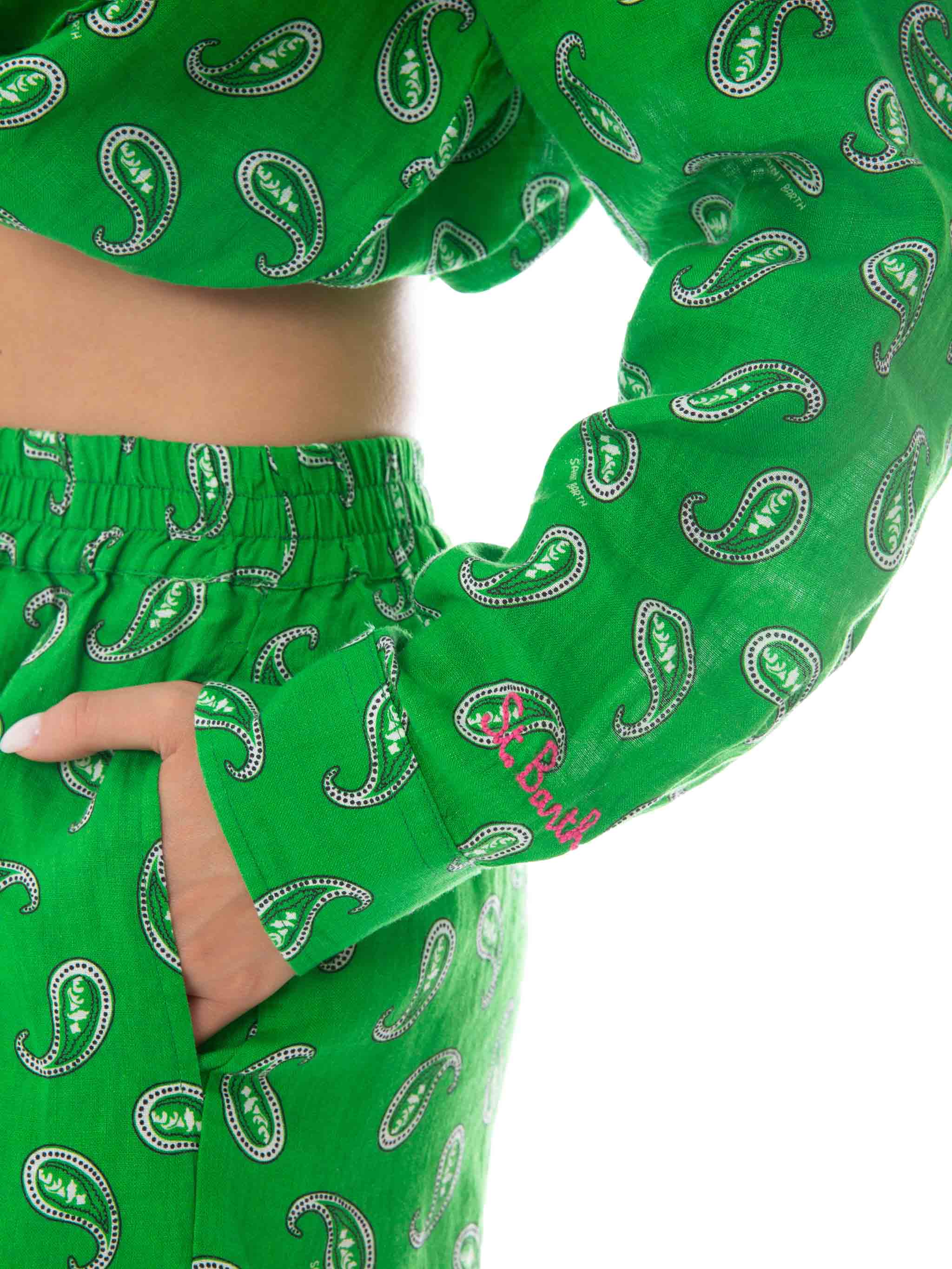 Groen linnen overhemd met paisleyprint
