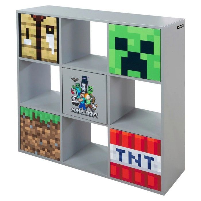 Estantería 3x3 con puertas a presión - ROBA - Minecraft - 90x30x90 cm - Gris