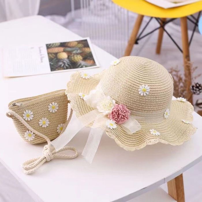 Conjunto de sombrero de paja y bolso para niña FUNMOON, pequeño, de 2 piezas, con estampado floral, nueva colección - 592021