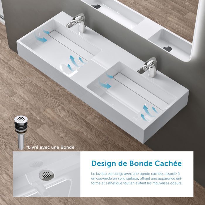 Lavabo doble suspendido Sogood, blanco, 120 cm, lavabo de encimera con desagüe, lavabo rectangular, 120 x 48 x 13 cm, Colossum12