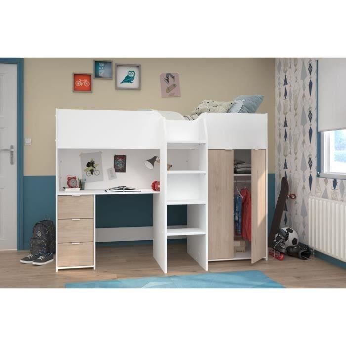 Cama alta infantil - TOM - Blanca y roble - Armario, escritorio y base de cama incluidos