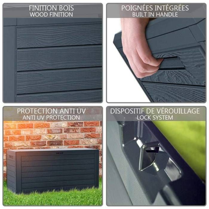 Caja de almacenamiento para jardín VOUNOT® con asas, 280 L - Baúl de almacenamiento exterior de PP - 116 x 44 x 55 cm - Estilo madera antracita