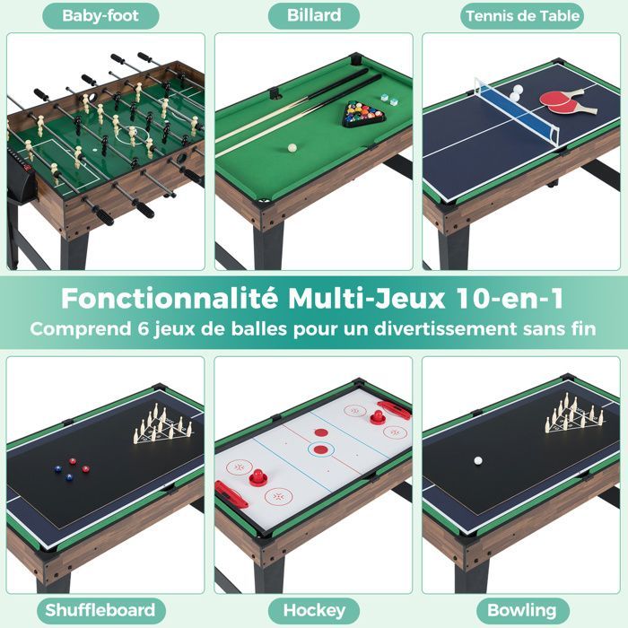 COSTWAY 10-in-1 stapelbare multi-speltafel - Hockey, biljart, tafelvoetbal, bowling, schaken - 127x102x82cm - Hout - Complete accessoires - Geschikt voor kinderen vanaf 6 jaar