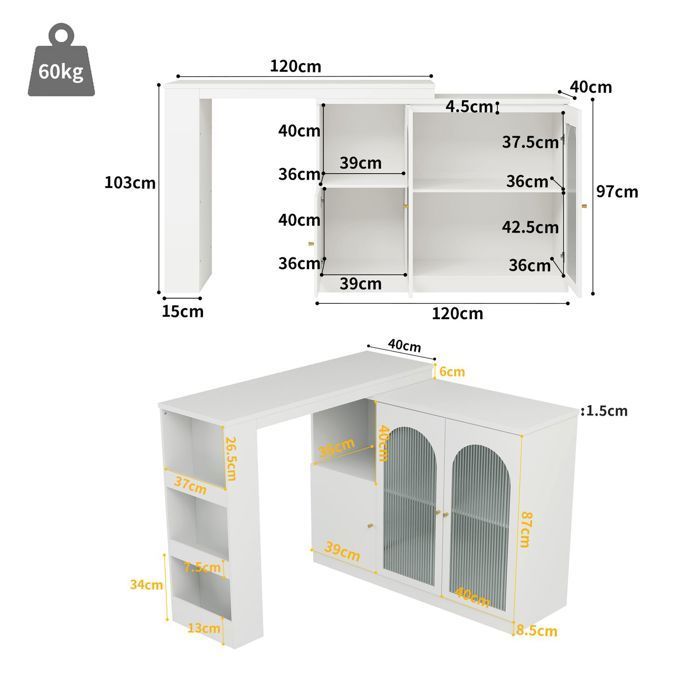 Tavolo da cucina 120x40, struttura moderna in MDF, tavolo da pranzo, girevole a 360°, contenitore integrato, anta in vetro