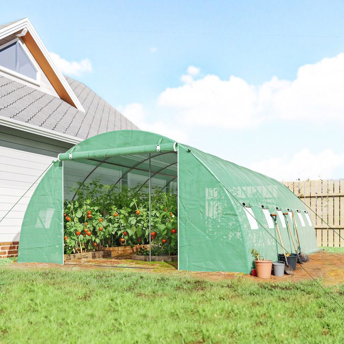 Estufa túnel Outsunny para jardim - estrutura reforçada em aço galvanizado com 25 mm de diâmetro - cobertura em PE de 140 g/m² - 395 x 595 x 199 cm - verde