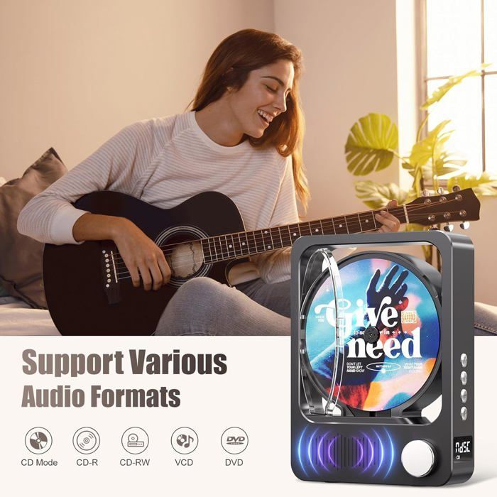 Lecteur Cd Portable, Chaîne Hifi Bluetooth Lecteur Musique Pour Voiture, Télécommande, Écran Lcd, Longue Durée, Compatible Cd