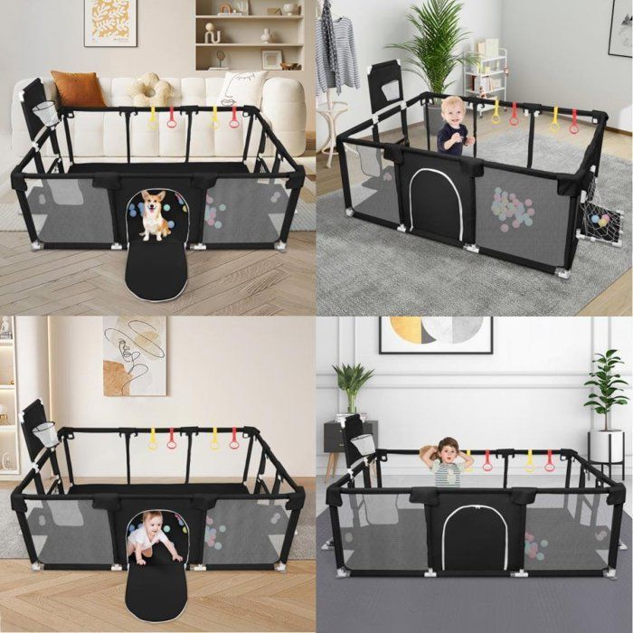 Enfants Parc-MENGDA-Avec protection des coins,4 anneaux de traction,4 ventouses,50 balles-Démontable Lavable-Noir