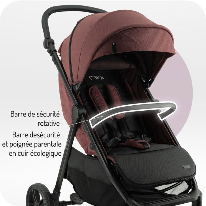 MoMi CLARA - Poussette 0m+ jusqu’à 22 kg - Barre rotative - Poignée réglable - Accessoires inclus : sac, housse pluie - Bordeaux