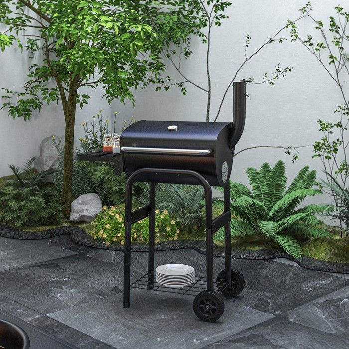 Outsunny charcoal barbecue - with shelves, wheels, lid, thermometer, chimney - metal - black
