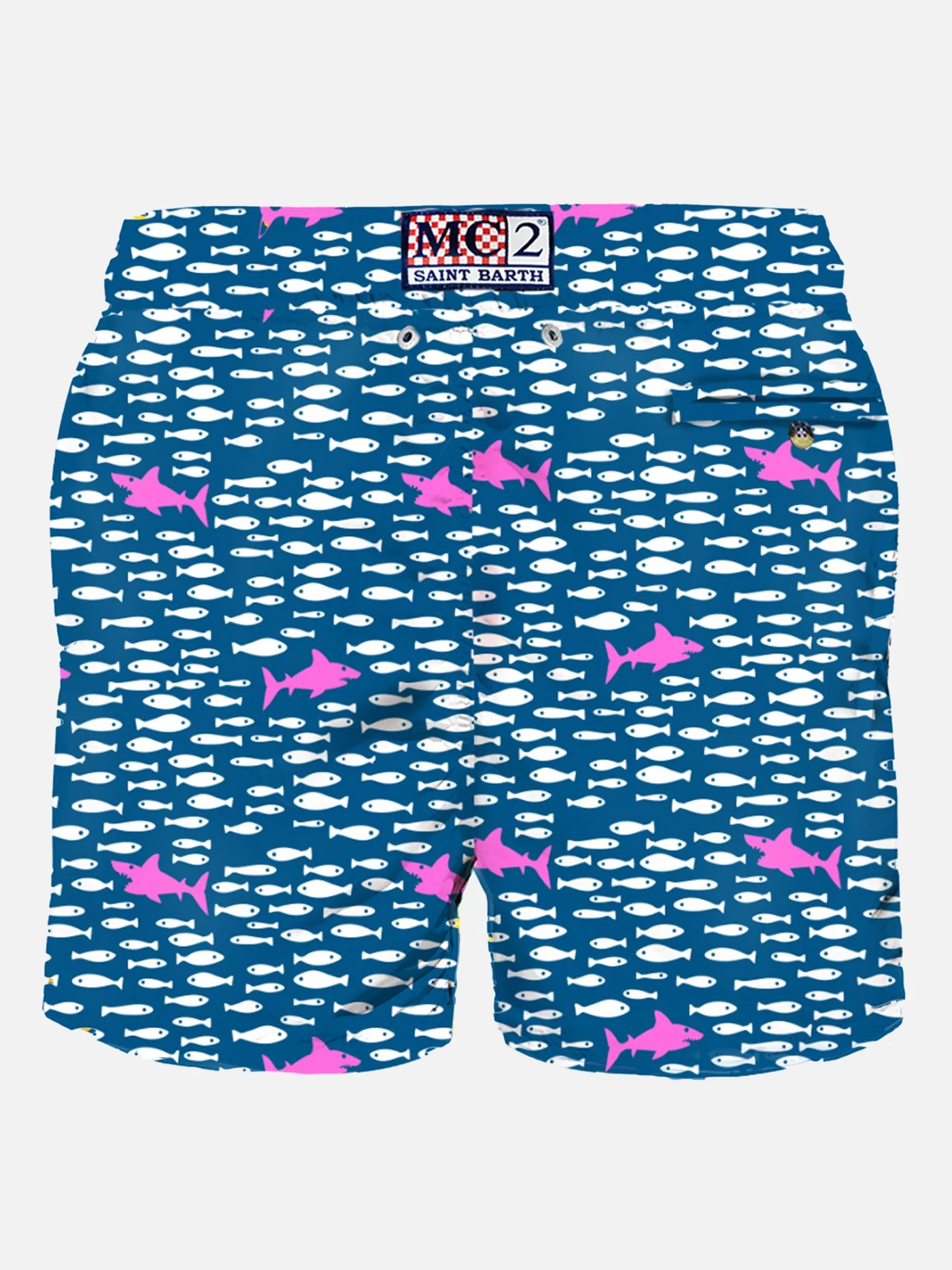 Bañador clásico para hombre con estampado de peces y tiburones | Azul | Secado rápido, largo medio, cintura elástica, bolsillos delanteros y traseros | MC2 Saint Barth